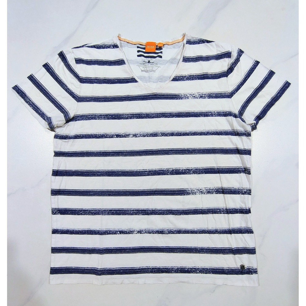 Hugo Boss T-Shirt Mens White Blue Striped Short Sleeve XL V Neck